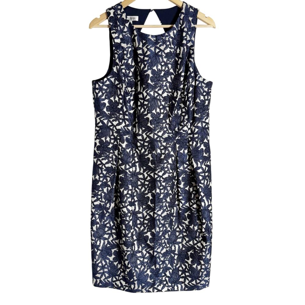 Kay Unger Navy Floral Jacquard Sleeveless Sheath Cocktail Dress Size 16